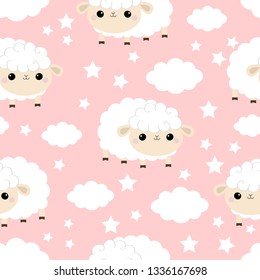 Seamless Pattern. Sheep baby. Cloud star in the sky. Cute cartoon kawaii funny smiling character. Wrapping paper, textile template. Nursery decoration. Pink background. Flat design Vector illustration