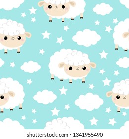 Seamless Pattern. Sheep baby. Cloud star in the sky. Cute cartoon kawaii funny smiling character. Wrapping paper, textile template. Nursery decoration. Blue background. Flat design Vector illustration