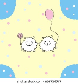 Seamless pattern with sheep with balloons and polka dots on a yellow background.