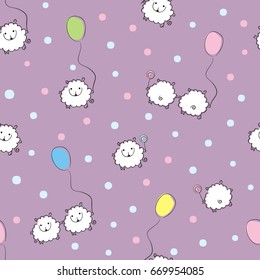 Seamless pattern with sheep with balloons and polka dots on a purple background. Funny texture.