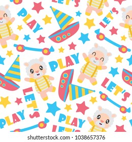 Seamless pattern of sheep boy and toys vector cartoon illustration for kid wrapping paper, kid fabric clothes, and wallpaper