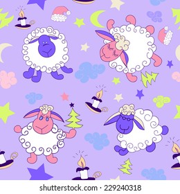 Seamless pattern with sheep, candle and Christmas tree. New year. Children.