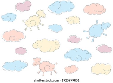 Seamless pattern with sheep and clouds. Color cute cartoon seamless pattern.