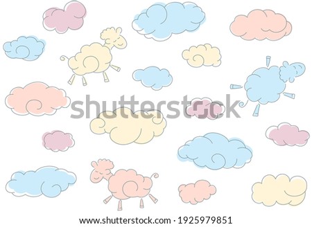 Seamless pattern with sheep and clouds. Color cute cartoon seamless pattern.