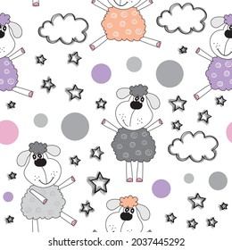 Seamless pattern with sheep, clouds, stars.