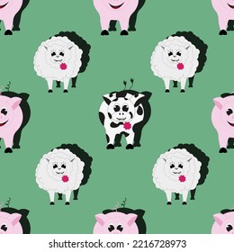 Seamless pattern with sheep, cow and pig with beautiful pink flower in the mouth on green background. 3d bacdrop with domestic animal. Cut out print for children bed linen and wallpaper for baby room.