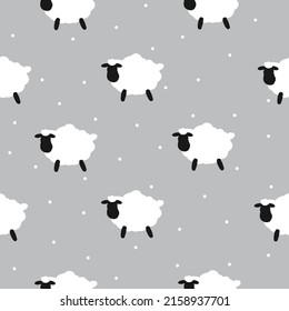 seamless pattern with sheep . cute white sheep and white dots . Gray background. Fashionable print for children's textiles, wallpaper and packaging.