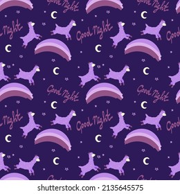 Seamless pattern with sheep, drawn element in cartoon style. Animals jumping on the rainbow. The lettering is handwritten. Stars, sheep and rainbow.
