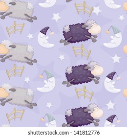 Seamless (pattern) with sheep, fence, moon and stars.