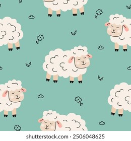 Seamless pattern with sheep and floral elements