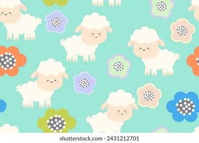 seamless pattern with sheep and flower