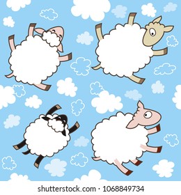 
Seamless pattern with sheep flying on blue sky