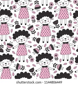 seamless pattern with sheep girl and flower in Scandinavian style - vector illustration, eps