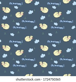 Seamless pattern of sheep, grass and clouds for background, fabric, invitation