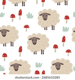 Seamless pattern with sheep, grass and fly agarics. Print on children's fabric, wrapping paper. Vector illustration