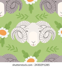 Seamless pattern with sheep, hand drawn vector illustration in flat design