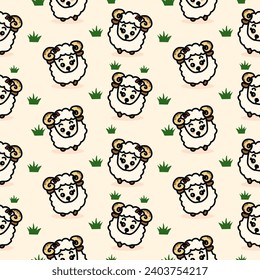 Seamless pattern. Sheep icon. Sheep in grass. Cute kawaii cartoon. Funny smiles for wrapping paper, textile print. Nursery decor. Light yellow background.