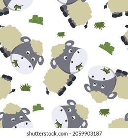 Seamless pattern of sheep in the jungle. Creative vector childish background for fabric, textile, nursery wallpaper, poster, card, brochure. and other decoration.