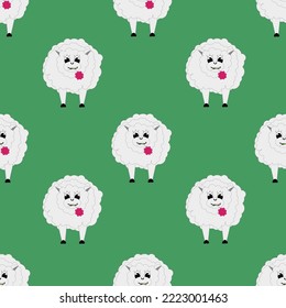 Seamless pattern with sheep and lamb with beautiful pink flower in the mouth on green background. Bacdrop with domestic animal. Print for children bed linen and wallpaper for baby room.
