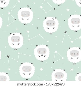 Seamless pattern sheep (lambs) and stars. Scandinavian style for baby nursery.