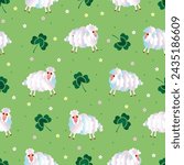 Seamless pattern. Sheep in a meadow with green clover for St. Patrick