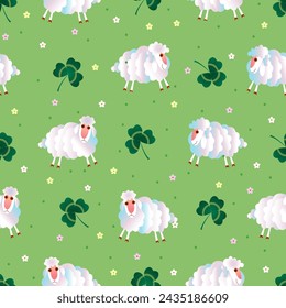 Seamless pattern. Sheep in a meadow with green clover for St. Patrick's Day.