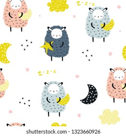 Seamless pattern with sheep and moon. Kids bedtime print. Vector hand drawn illustration.