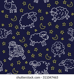 Seamless pattern with sheep in night