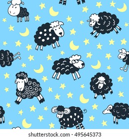 Seamless pattern with sheep in night. Can be used for textile, website background, book cover, packaging.
