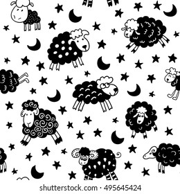 Seamless pattern with sheep in night. Can be used for textile, website background, book cover, packaging.