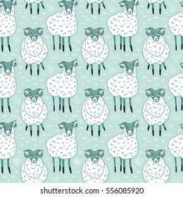 Seamless pattern with sheep on blue background. Vector cute fabric design.