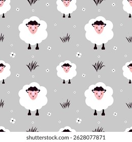 Seamless pattern with sheep on a gray background