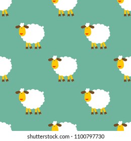 Seamless pattern with sheep on green background. Kid background for fabric, textile, wrapping paper.