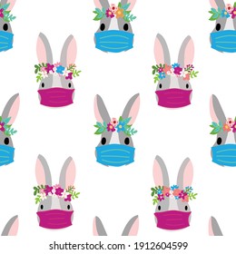Seamless pattern with sheep on green background. Repeating kids vector background. Cute animal lamb illustration and flowers for fabric, textile, wrapping paper. Vector illustration.