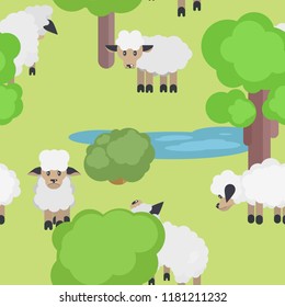 seamless pattern with sheep on a meadow near the lake.vector stock illustration