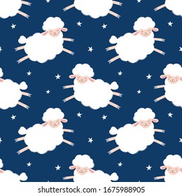 Seamless pattern sheep on a starry sky, animal cartoon character. Vector print for wrapping, fabric, wallpaper, background, textile. Illustration for children on a blue background.