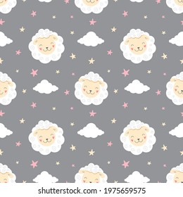 Seamless pattern sheep on a starry sky, cartoon animals. Vector print for wrapping, fabric, wallpaper, background, textile. Illustration for children on a grey background.
