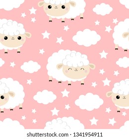 Seamless Pattern. Sheep sleeping eyes.. Cloud star in the sky. Cute cartoon kawaii funny smiling baby character. Wrapping paper, textile template. Nursery decoration Pink background Flat design Vector