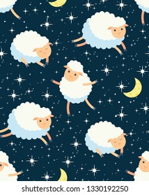 Seamless pattern with sheep, stars and moon isolated on black background