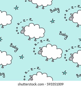 Seamless pattern with sheep and stars.Baby background.