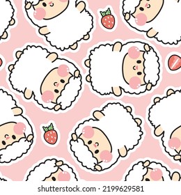 Seamless pattern of sheep with strawberry on pink background.Farm animal character design.Kid graphic design.Fruit.Kawaii.Vector.Illustration.