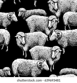 Seamless pattern with sheep. Vector illustration in vintage engraved style on black background.  