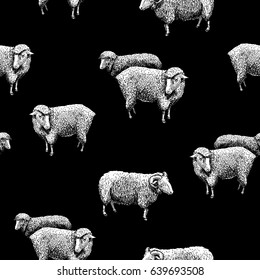 Seamless pattern with sheep. Vector illustration in vintage engraved style on black background.  