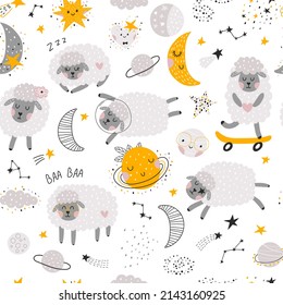 Seamless pattern with sheeps. Fabric print. Vector illustration.