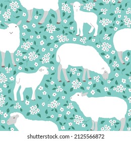 Seamless pattern with sheeps, lambs and white flowers on a green background. Easter vector illustration.