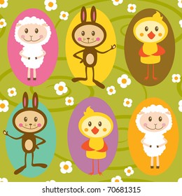 Seamless pattern with sheeps, rabbits and chickens