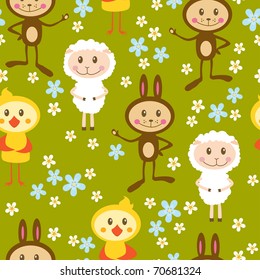 Seamless pattern with sheeps, rabbits and chickens