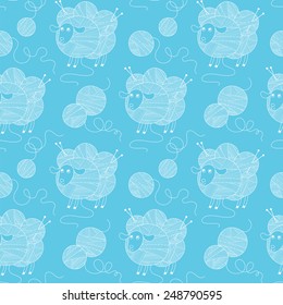 Seamless pattern with sheeps and skins of wool yarn.