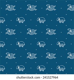 Seamless pattern with sheeps and snow with blue background