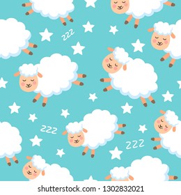 Seamless pattern with sheeps and stars on blue background for kids, cartoon style